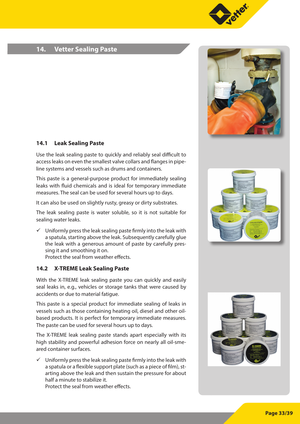 Vetter sealing paste | Vetter Leak sealers User Manual | Page 33 / 39