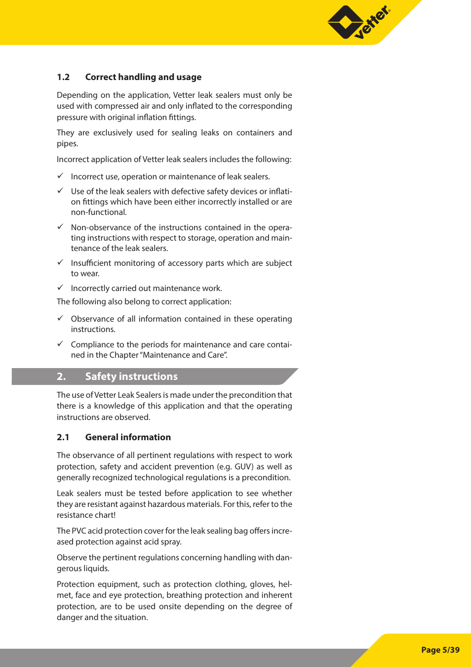 Safety instructions | Vetter Leak sealers User Manual | Page 5 / 39