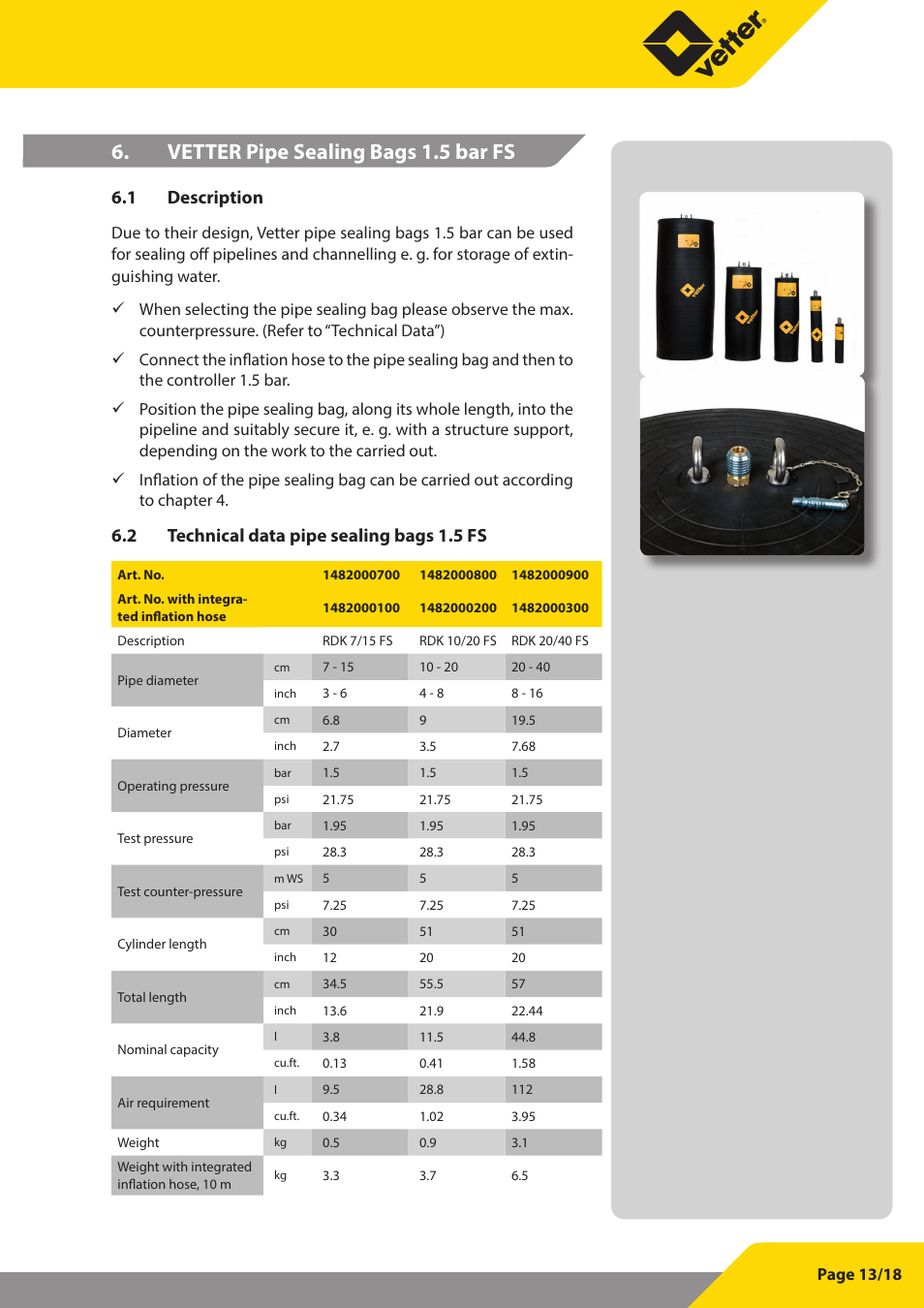 Vetter pipe sealing bags 1.5 bar fs, 1 description, 2 technical data pipe sealing bags 1.5 fs | Vetter Pipe sealing bags and bypass bags FS User Manual | Page 13 / 18