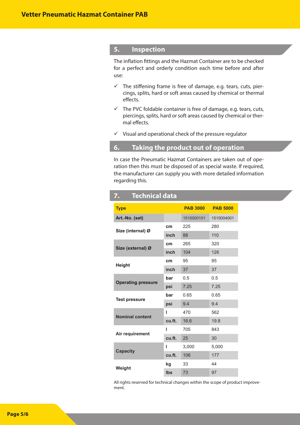 Vetter pneumatic hazmat container pab, Inspection, Taking the product out of operation | Technical data | Vetter Pneum. collection containers User Manual | Page 6 / 7