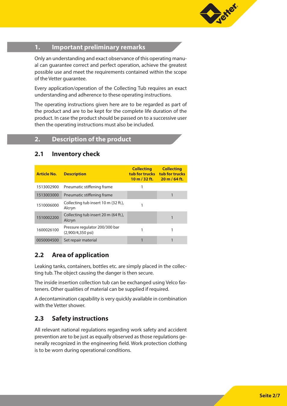 Important preliminary remarks, Description of the product 2.1 inventory check, 2 area of application | 3 safety instructions | Vetter Pneum. collection tubs 0.3 bar User Manual | Page 3 / 8