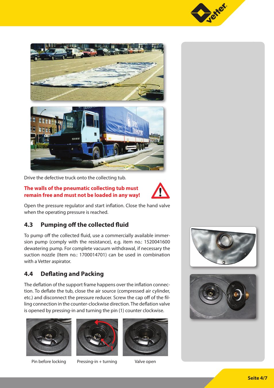 3 pumping off the collected fluid, 4 deflating and packing | Vetter Pneum. collection tubs 0.3 bar User Manual | Page 5 / 8