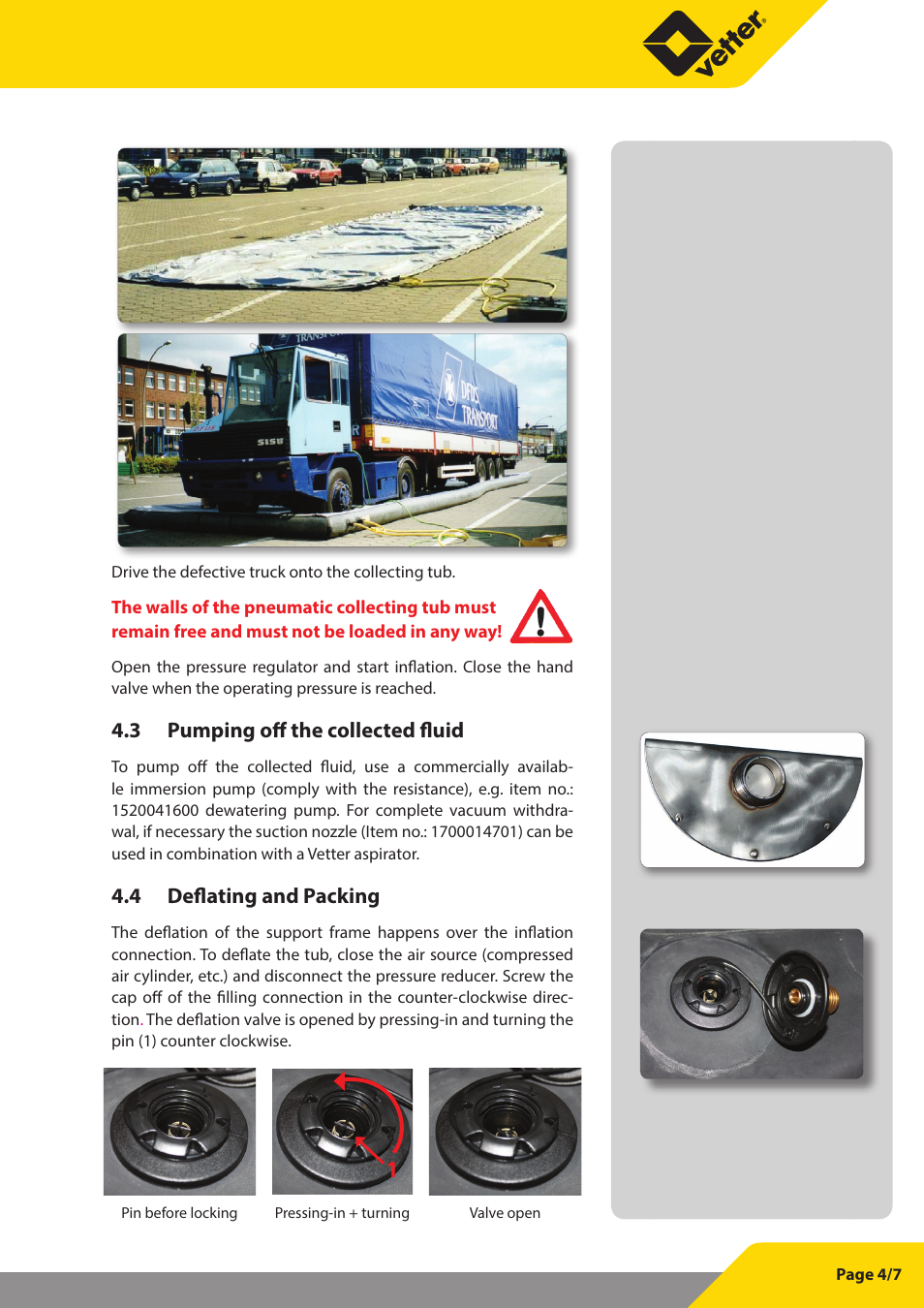 3 pumping off the collected fluid, 4 deflating and packing | Vetter Pneum. collection tubs PVC 0.3 bar User Manual | Page 5 / 8