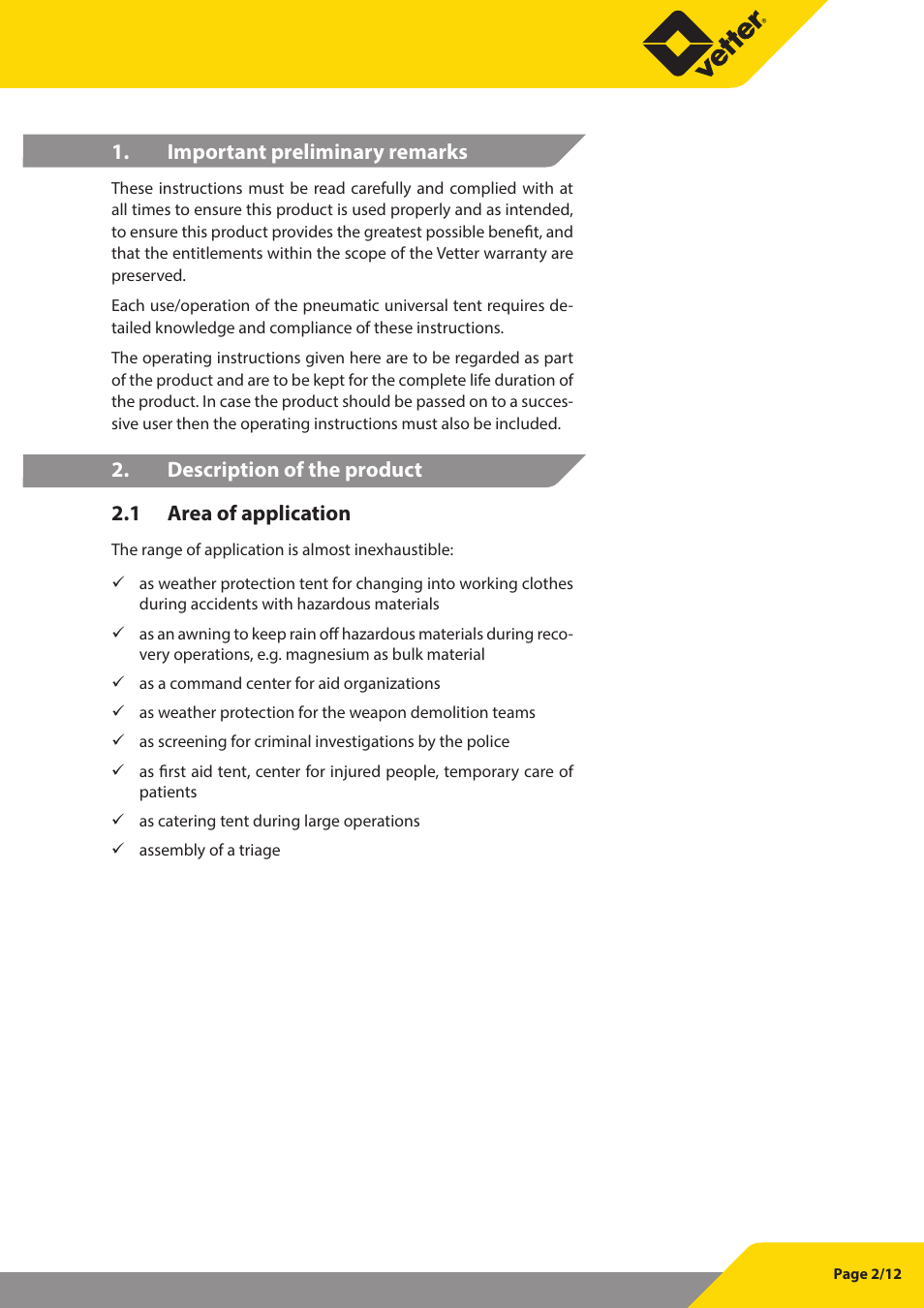 Important preliminary remarks, Description of the product 2.1 area of application | Vetter Universal tents User Manual | Page 3 / 13