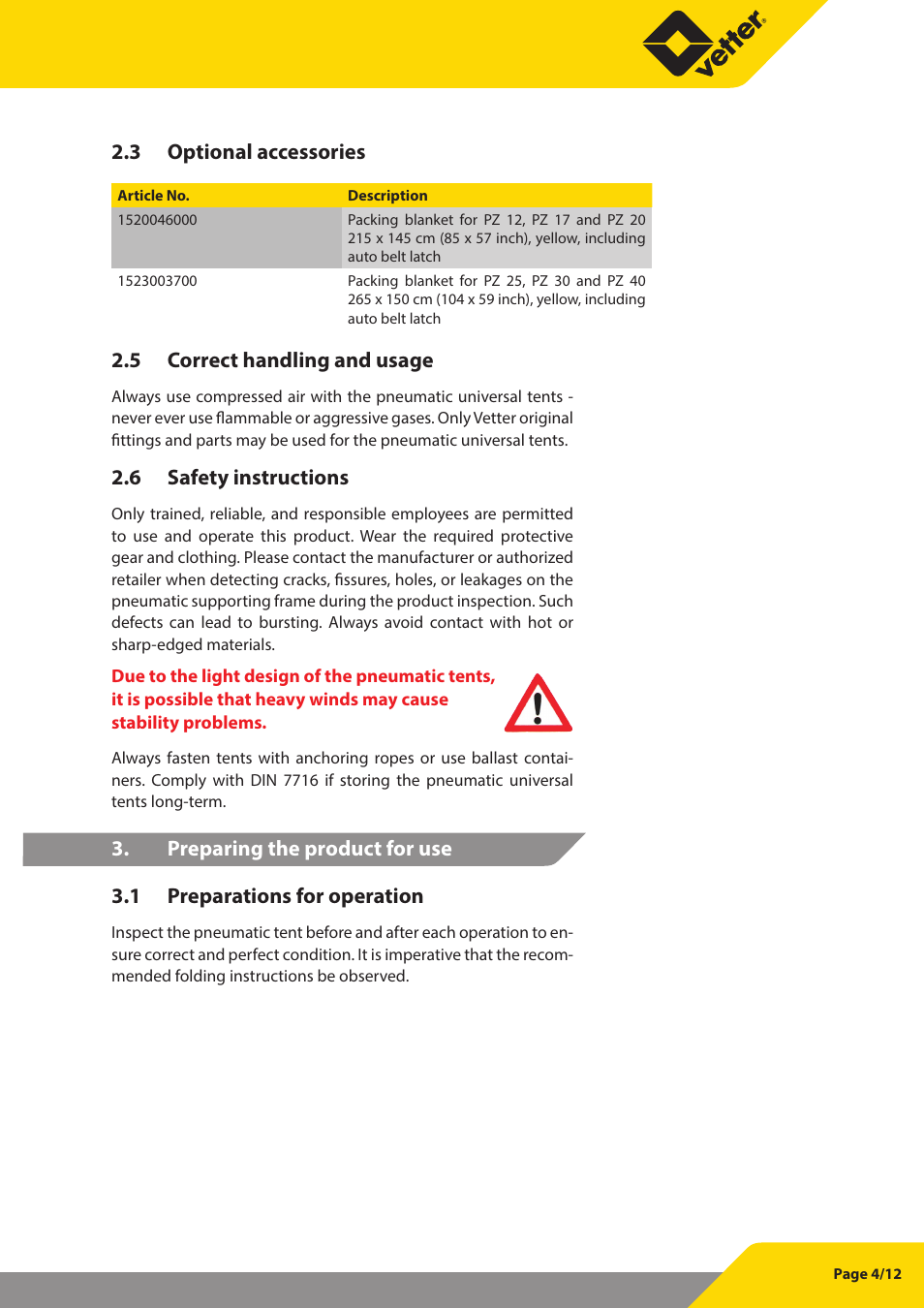 3 optional accessories, 5 correct handling and usage, 6 safety instructions | Vetter Universal tents User Manual | Page 5 / 13