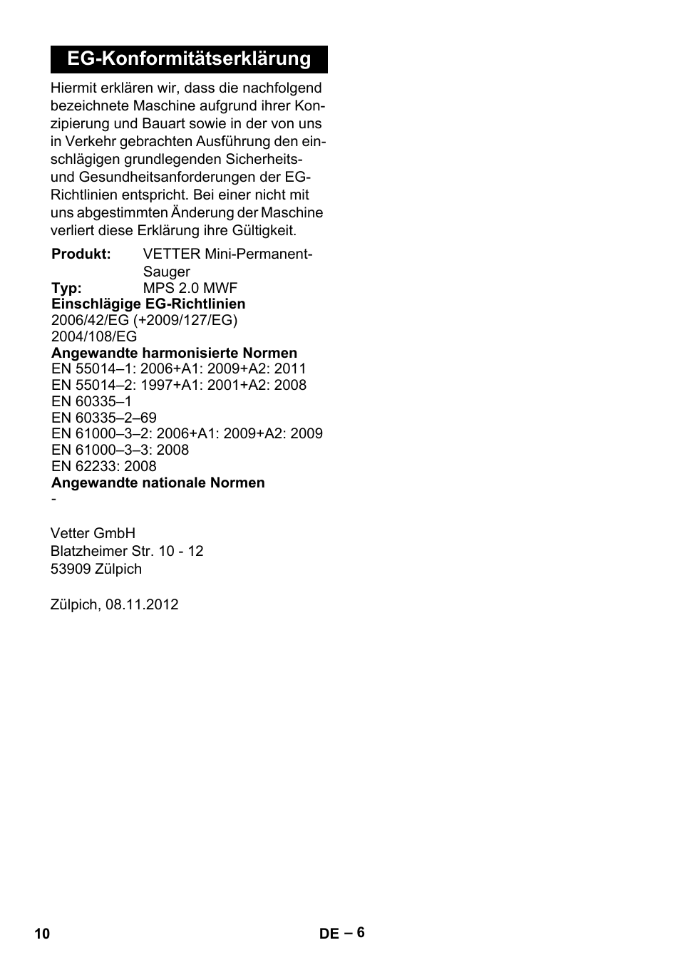 Eg-konformitätserklärung | Vetter Mini Permanent Aspirator MPA 2.0 MWF(EU) User Manual | Page 10 / 200