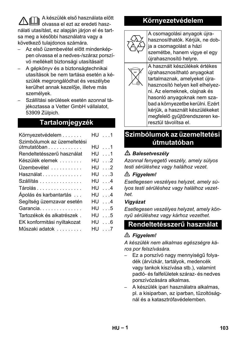 Magyar, Tartalomjegyzék, Környezetvédelem | Vetter Mini Permanent Aspirator MPA 2.0 MWF(EU) User Manual | Page 103 / 200