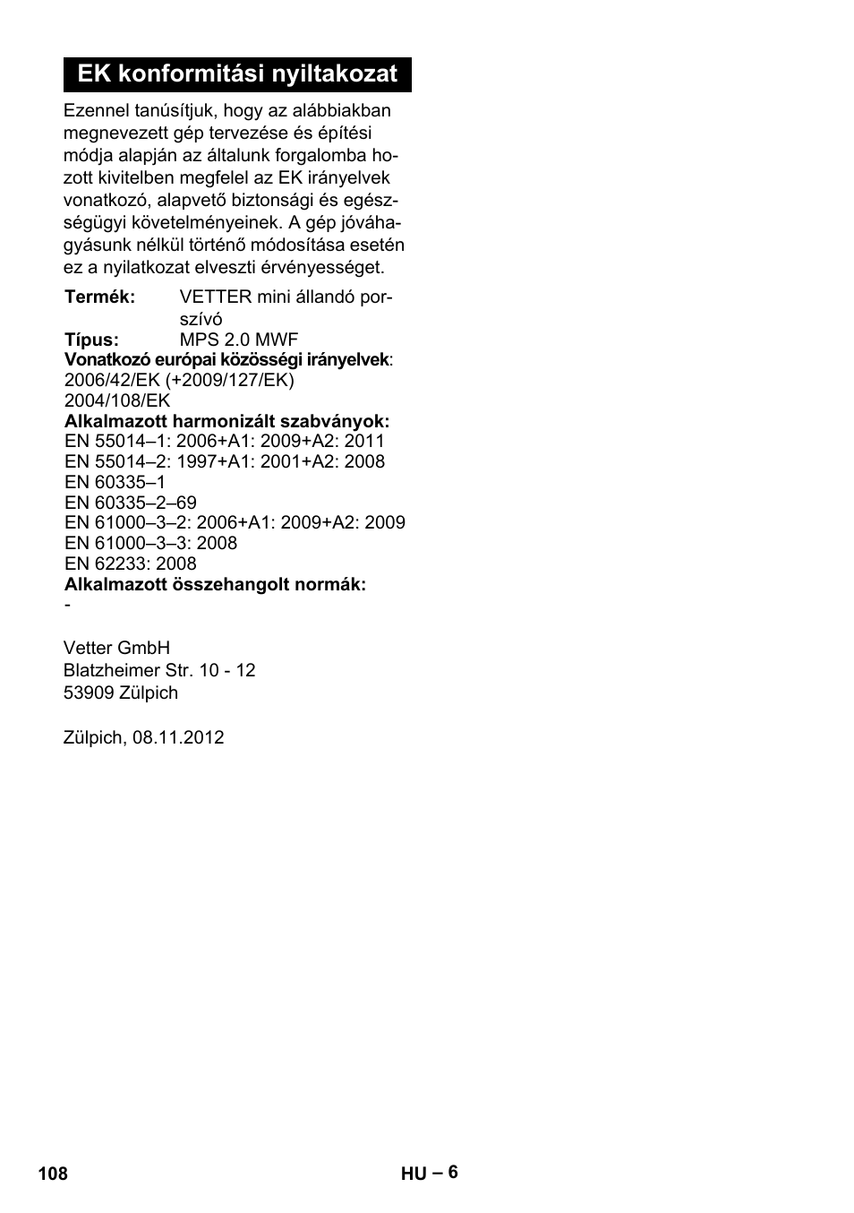 Ek konformitási nyiltakozat | Vetter Mini Permanent Aspirator MPA 2.0 MWF(EU) User Manual | Page 108 / 200