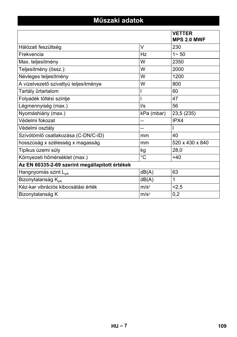 Műszaki adatok | Vetter Mini Permanent Aspirator MPA 2.0 MWF(EU) User Manual | Page 109 / 200