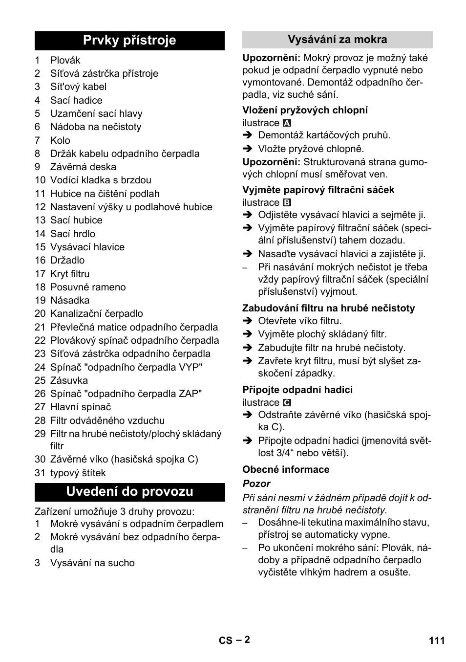 Prvky přístroje uvedení do provozu | Vetter Mini Permanent Aspirator MPA 2.0 MWF(EU) User Manual | Page 111 / 200