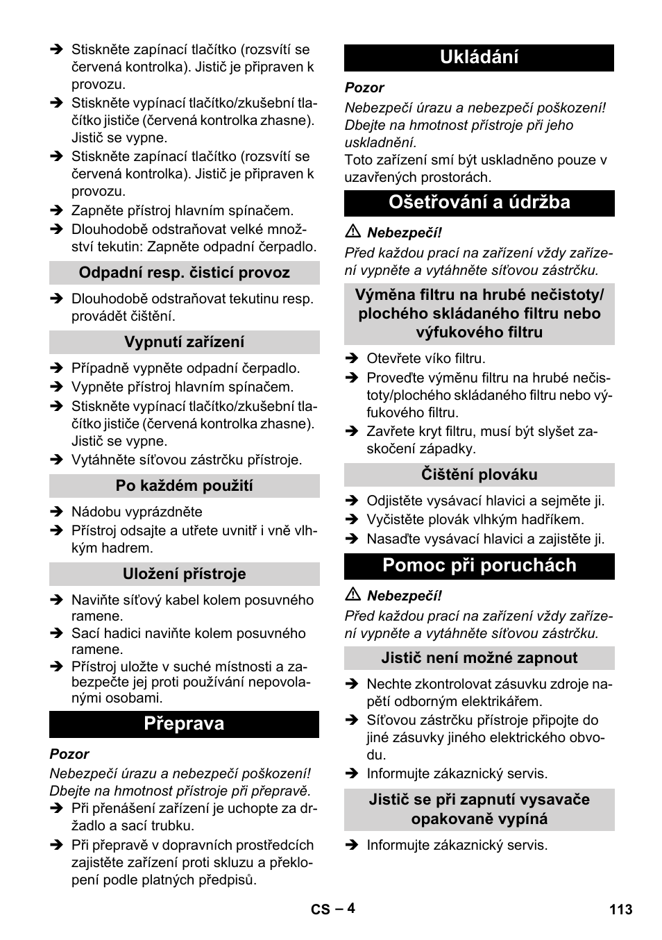 Přeprava ukládání ošetřování a údržba, Pomoc při poruchách | Vetter Mini Permanent Aspirator MPA 2.0 MWF(EU) User Manual | Page 113 / 200