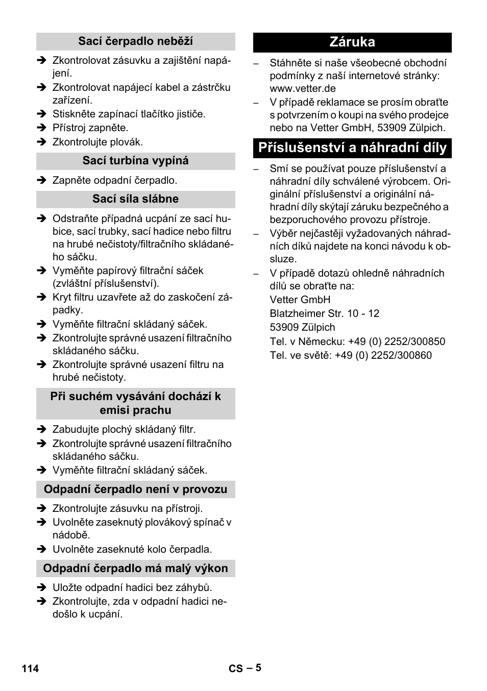 Záruka příslušenství a náhradní díly | Vetter Mini Permanent Aspirator MPA 2.0 MWF(EU) User Manual | Page 114 / 200