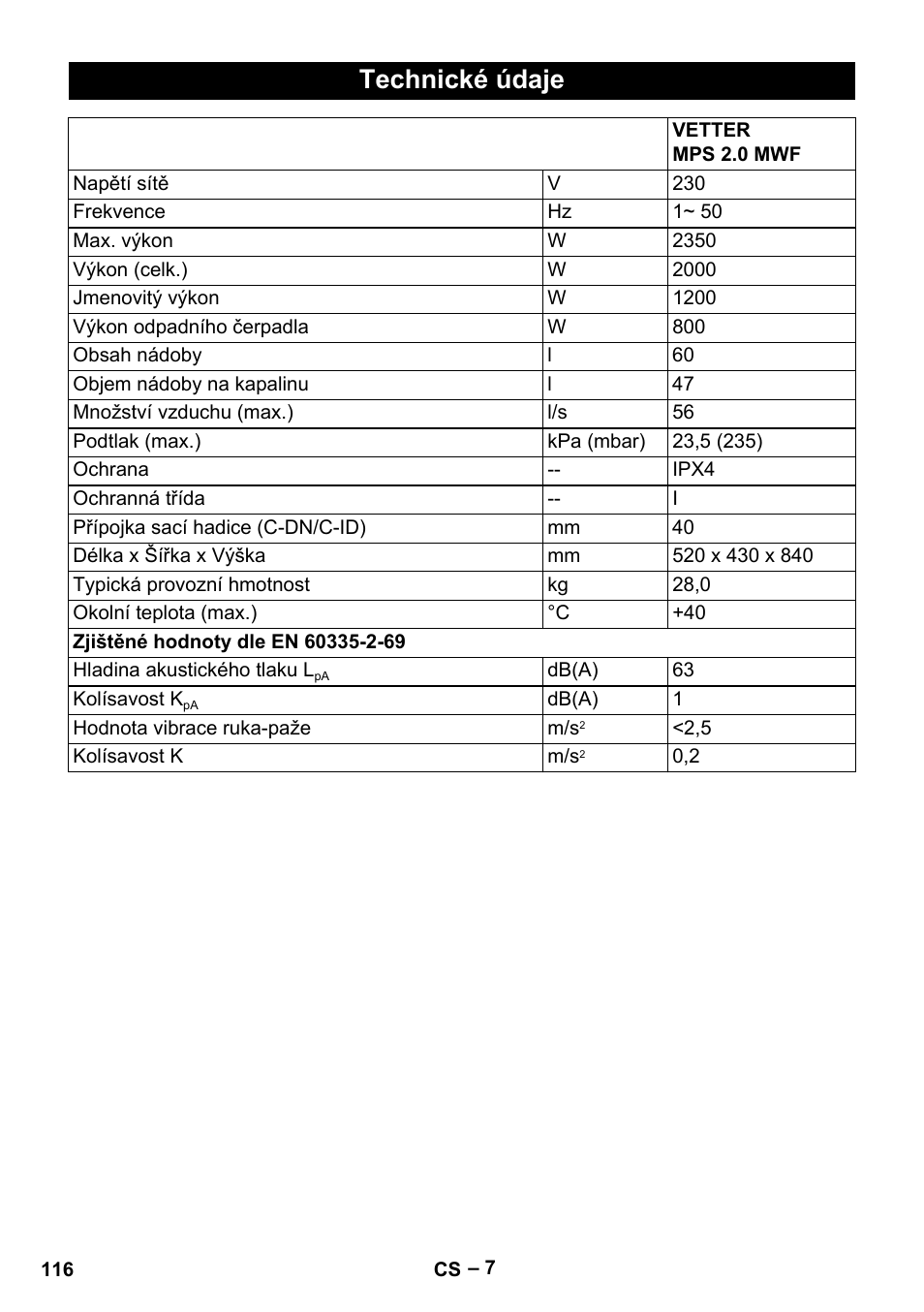 Technické údaje | Vetter Mini Permanent Aspirator MPA 2.0 MWF(EU) User Manual | Page 116 / 200