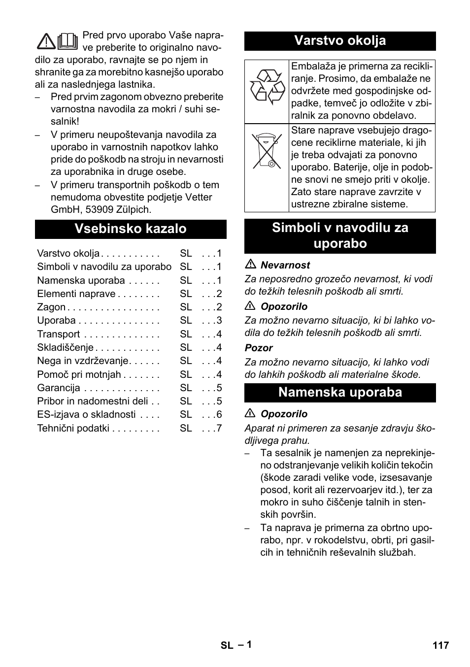 Slovenščina, Čeština, Vsebinsko kazalo | Varstvo okolja, Simboli v navodilu za uporabo namenska uporaba | Vetter Mini Permanent Aspirator MPA 2.0 MWF(EU) User Manual | Page 117 / 200