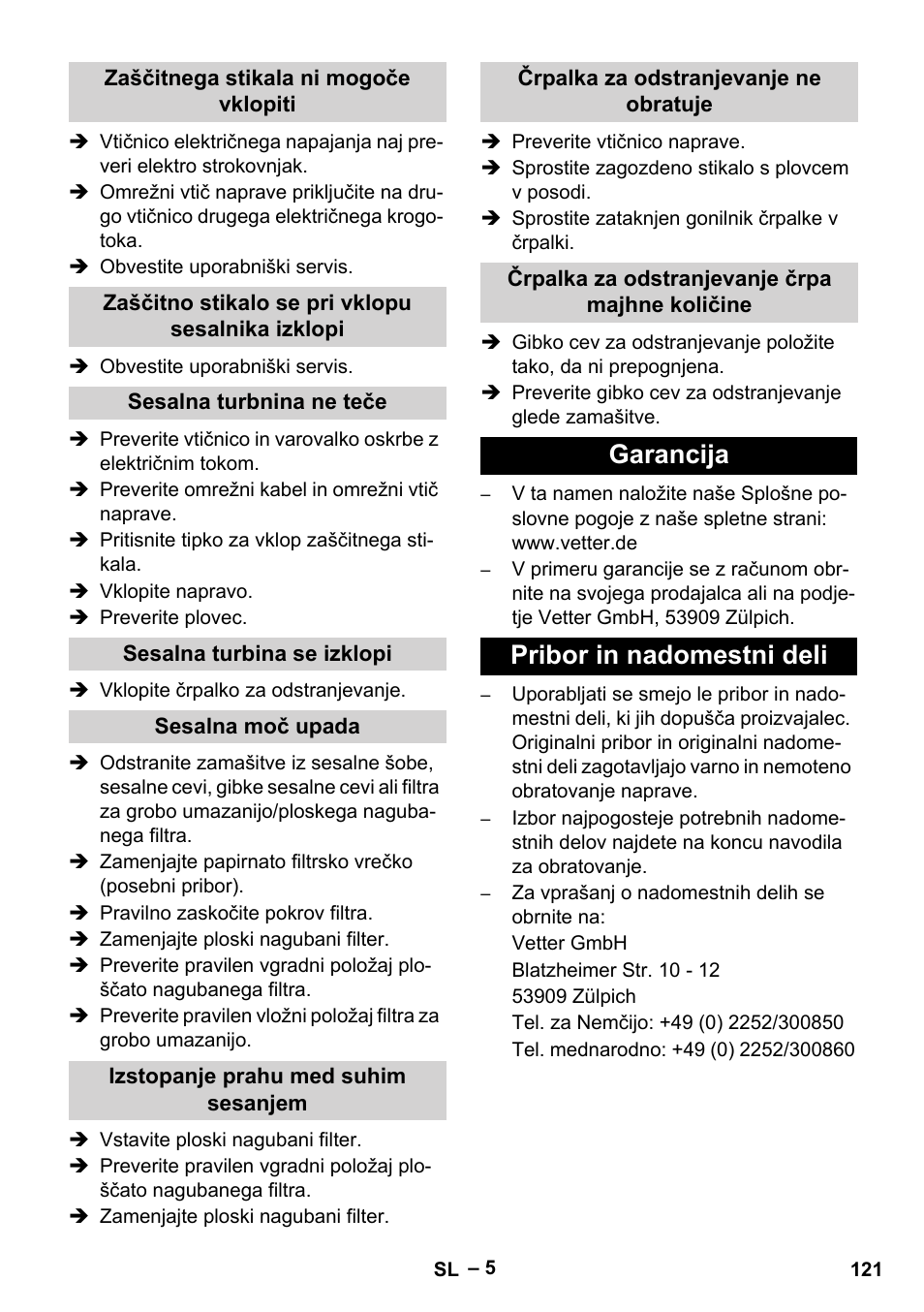 Garancija pribor in nadomestni deli | Vetter Mini Permanent Aspirator MPA 2.0 MWF(EU) User Manual | Page 121 / 200