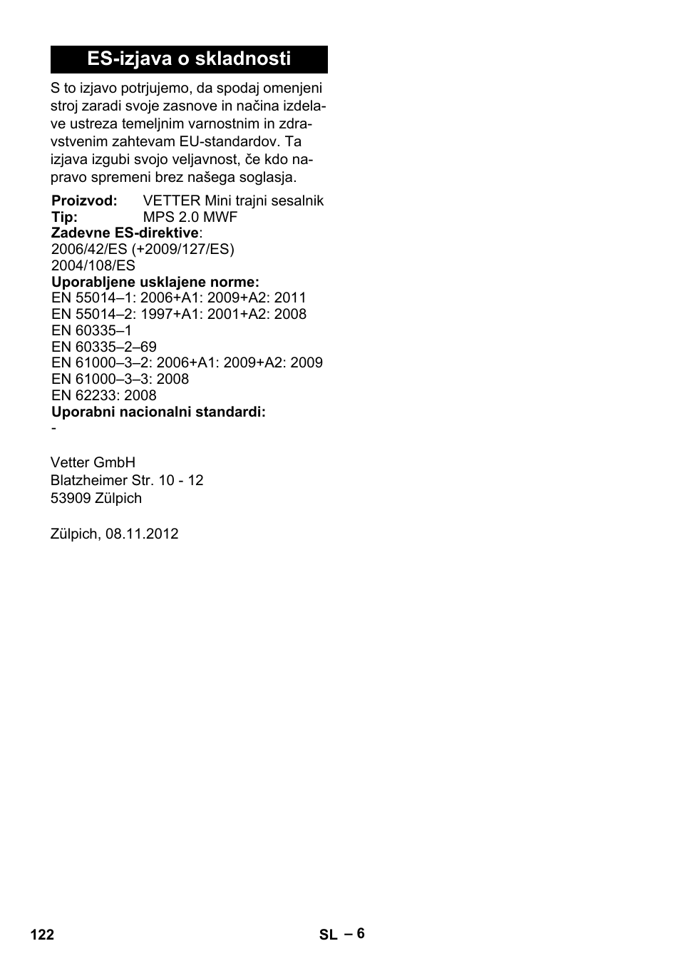 Es-izjava o skladnosti | Vetter Mini Permanent Aspirator MPA 2.0 MWF(EU) User Manual | Page 122 / 200