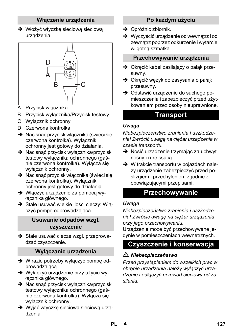 Ad b c, Transport przechowywanie czyszczenie i konserwacja | Vetter Mini Permanent Aspirator MPA 2.0 MWF(EU) User Manual | Page 127 / 200