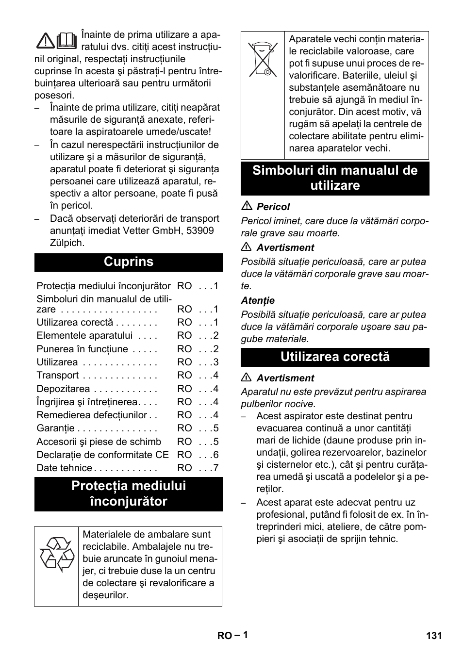 Româneşte, Cuprins, Protecţia mediului înconjurător | Vetter Mini Permanent Aspirator MPA 2.0 MWF(EU) User Manual | Page 131 / 200