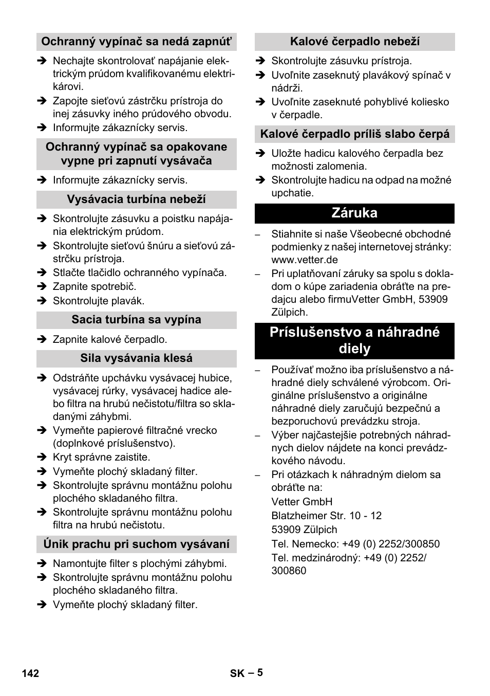 Záruka príslušenstvo a náhradné diely | Vetter Mini Permanent Aspirator MPA 2.0 MWF(EU) User Manual | Page 142 / 200