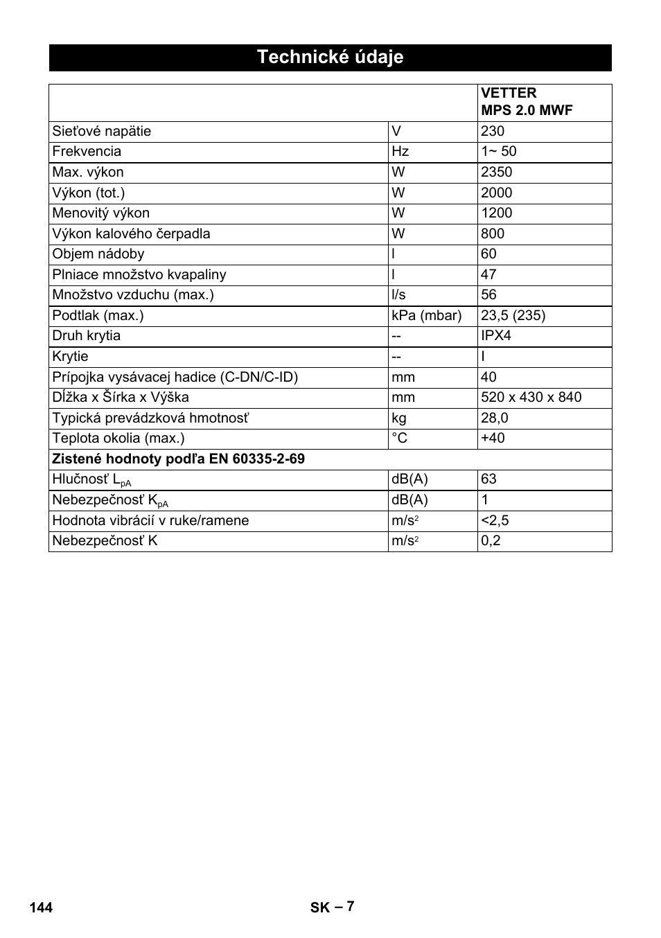 Technické údaje | Vetter Mini Permanent Aspirator MPA 2.0 MWF(EU) User Manual | Page 144 / 200