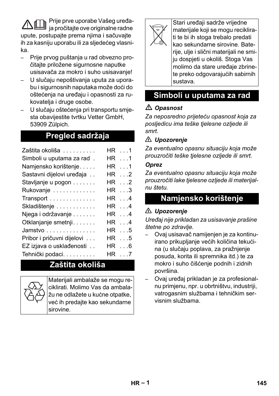 Hrvatski, Slovenčina, Pregled sadržaja | Zaštita okoliša, Simboli u uputama za rad namjensko korištenje | Vetter Mini Permanent Aspirator MPA 2.0 MWF(EU) User Manual | Page 145 / 200