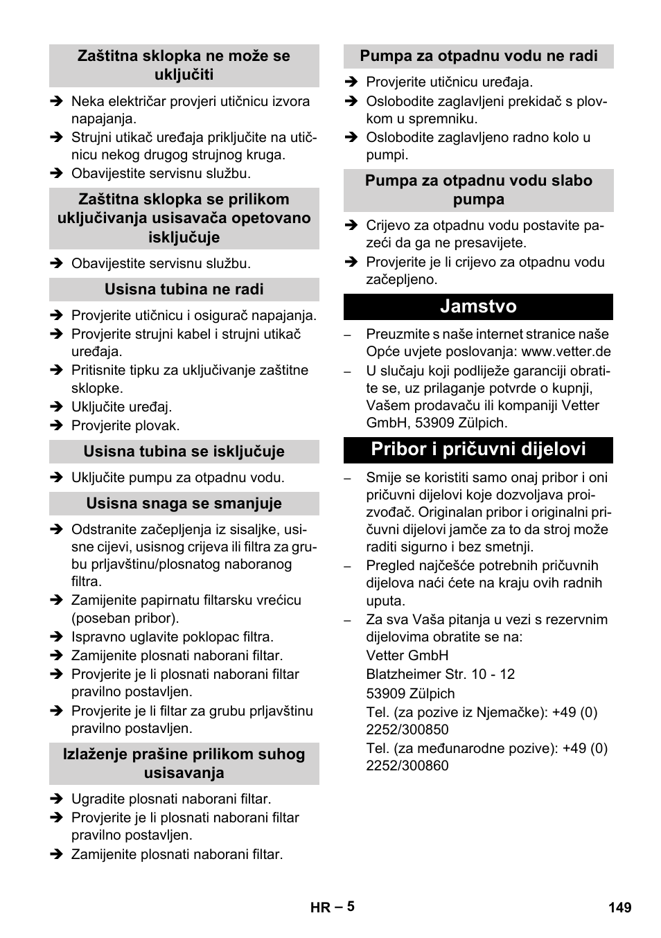 Jamstvo pribor i pričuvni dijelovi | Vetter Mini Permanent Aspirator MPA 2.0 MWF(EU) User Manual | Page 149 / 200