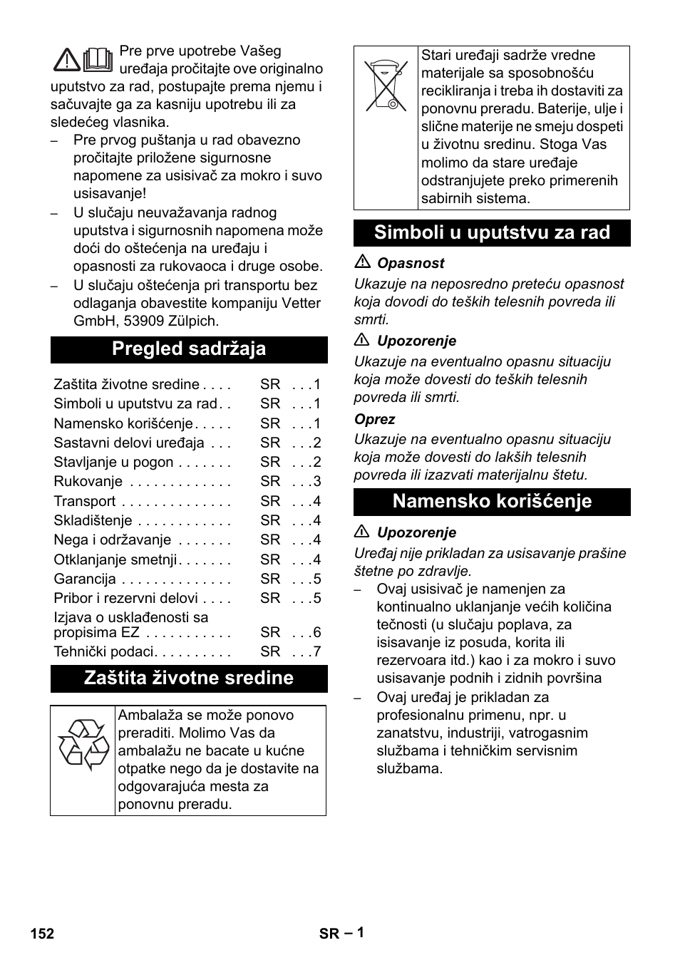 Srpski, Pregled sadržaja, Zaštita životne sredine | Simboli u uputstvu za rad namensko korišćenje | Vetter Mini Permanent Aspirator MPA 2.0 MWF(EU) User Manual | Page 152 / 200