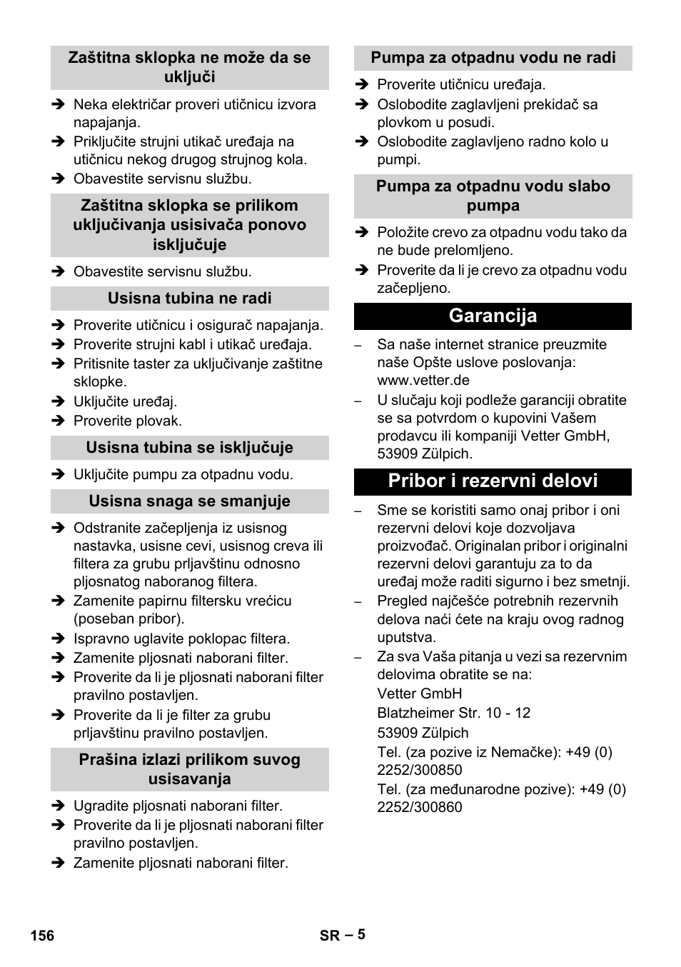 Garancija pribor i rezervni delovi | Vetter Mini Permanent Aspirator MPA 2.0 MWF(EU) User Manual | Page 156 / 200