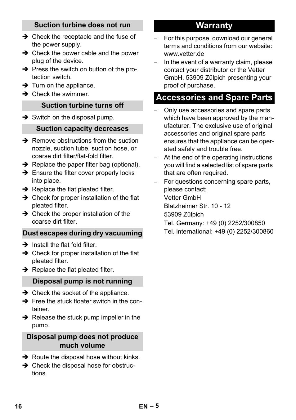 Warranty accessories and spare parts | Vetter Mini Permanent Aspirator MPA 2.0 MWF(EU) User Manual | Page 16 / 200