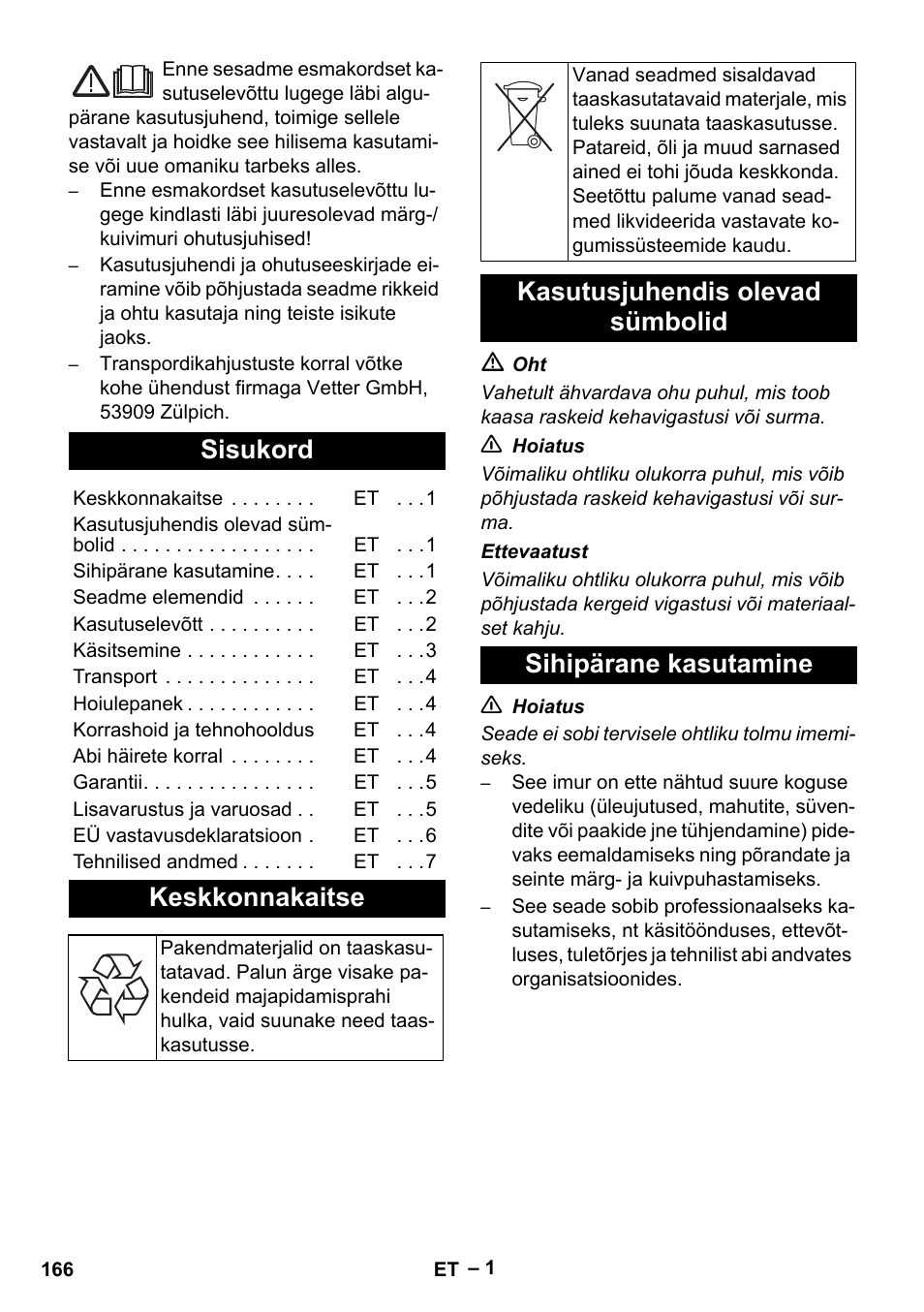 Eesti, Български, Sisukord | Keskkonnakaitse | Vetter Mini Permanent Aspirator MPA 2.0 MWF(EU) User Manual | Page 166 / 200
