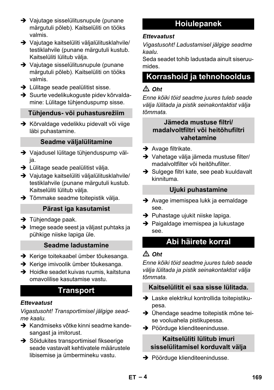 Transport hoiulepanek korrashoid ja tehnohooldus, Abi häirete korral | Vetter Mini Permanent Aspirator MPA 2.0 MWF(EU) User Manual | Page 169 / 200