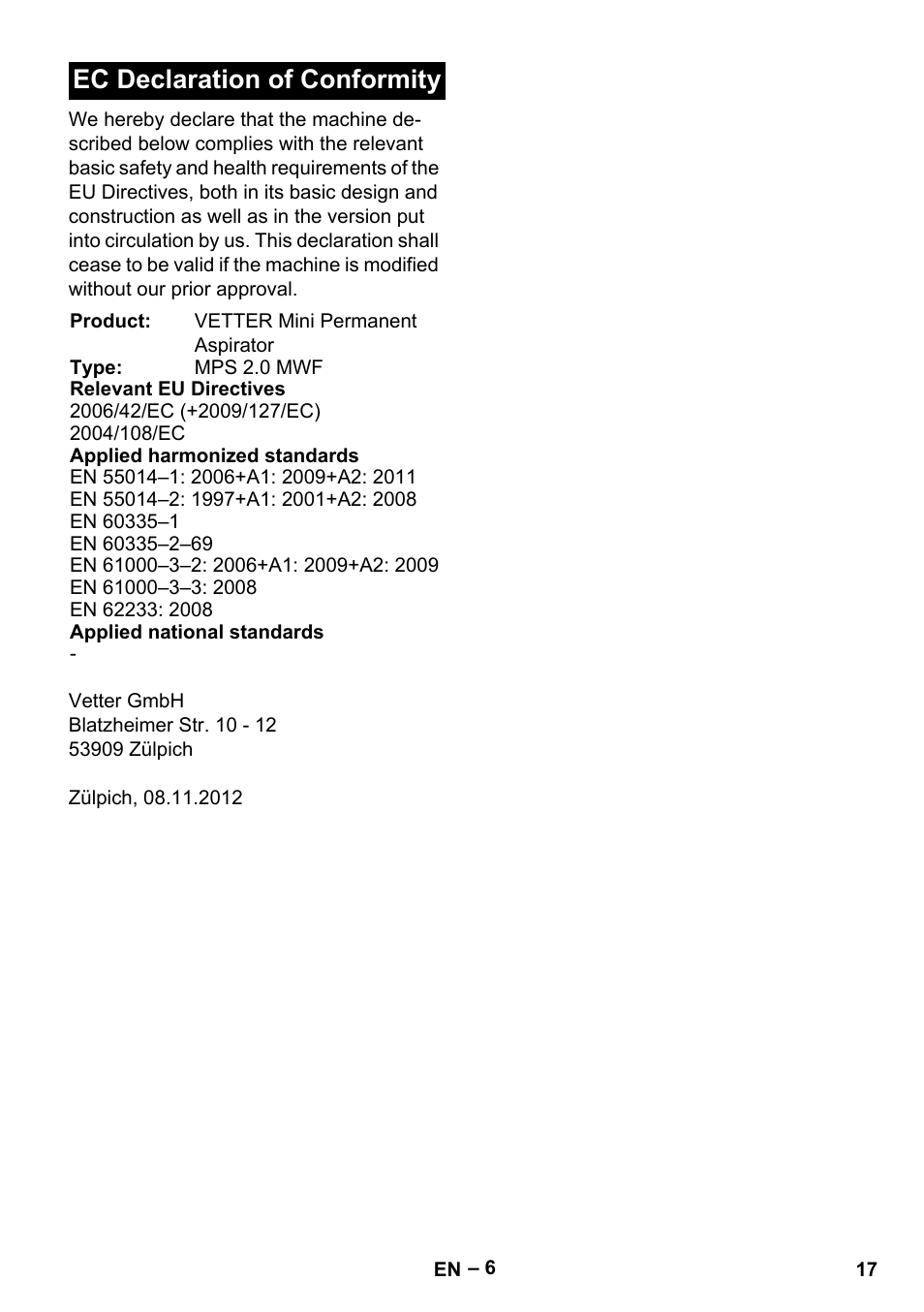 Ec declaration of conformity | Vetter Mini Permanent Aspirator MPA 2.0 MWF(EU) User Manual | Page 17 / 200