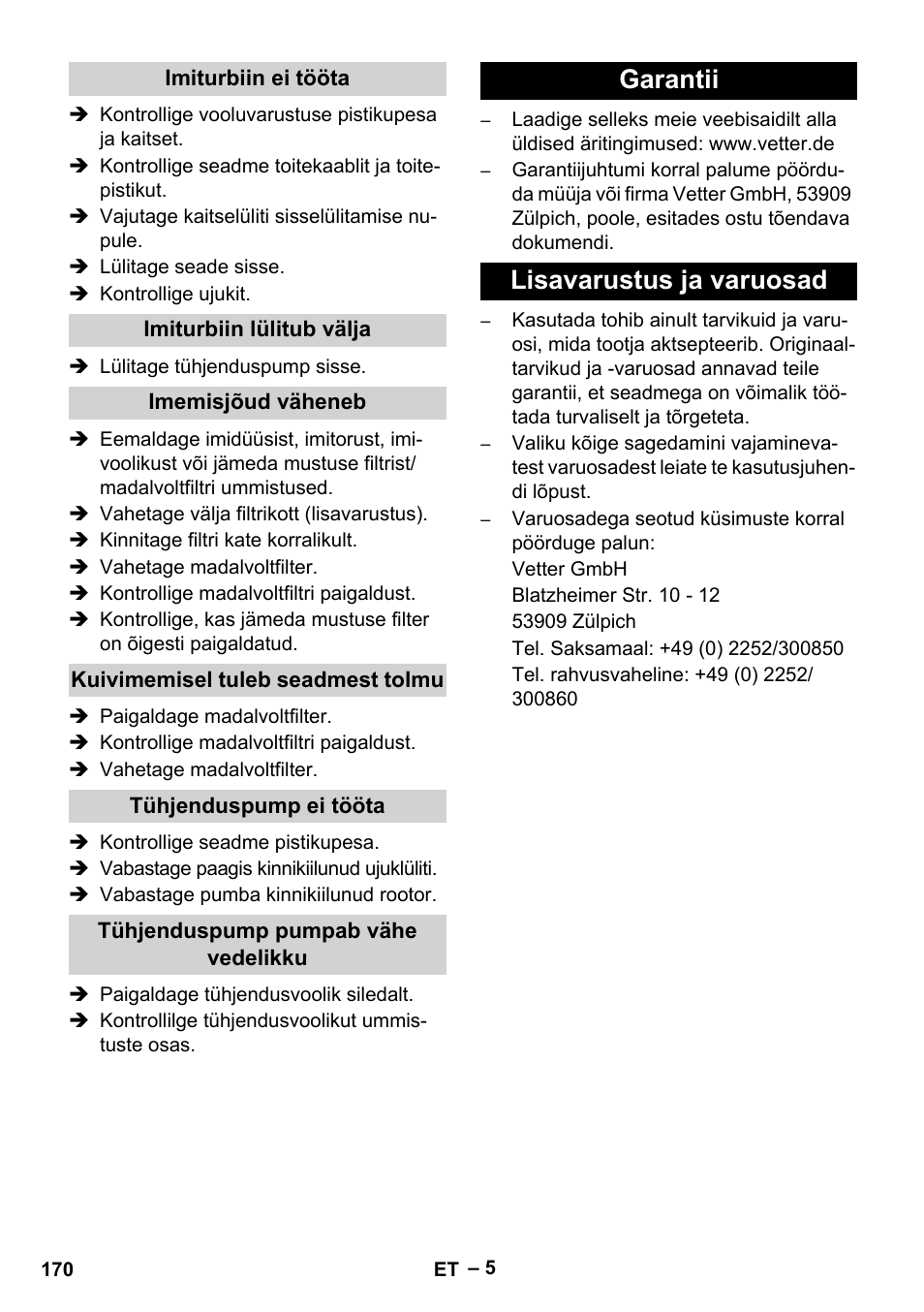 Garantii lisavarustus ja varuosad | Vetter Mini Permanent Aspirator MPA 2.0 MWF(EU) User Manual | Page 170 / 200