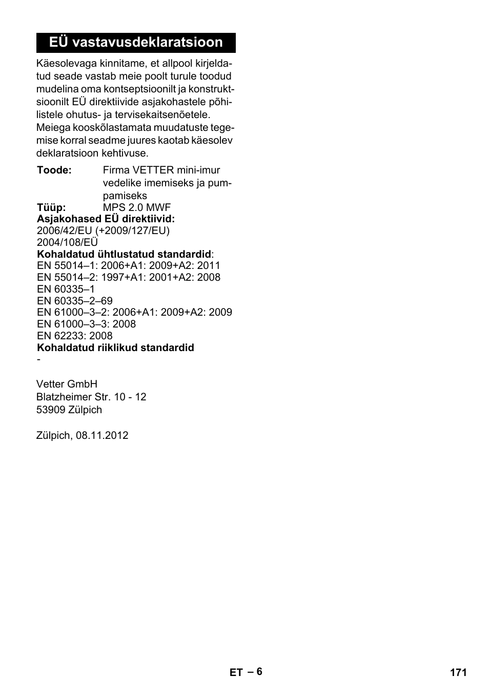 Eü vastavusdeklaratsioon | Vetter Mini Permanent Aspirator MPA 2.0 MWF(EU) User Manual | Page 171 / 200