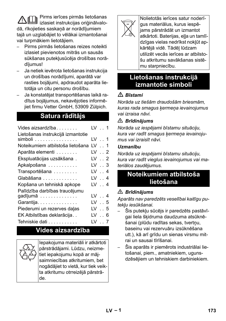 Latviešu, Eesti, Satura rādītājs | Vides aizsardzība | Vetter Mini Permanent Aspirator MPA 2.0 MWF(EU) User Manual | Page 173 / 200