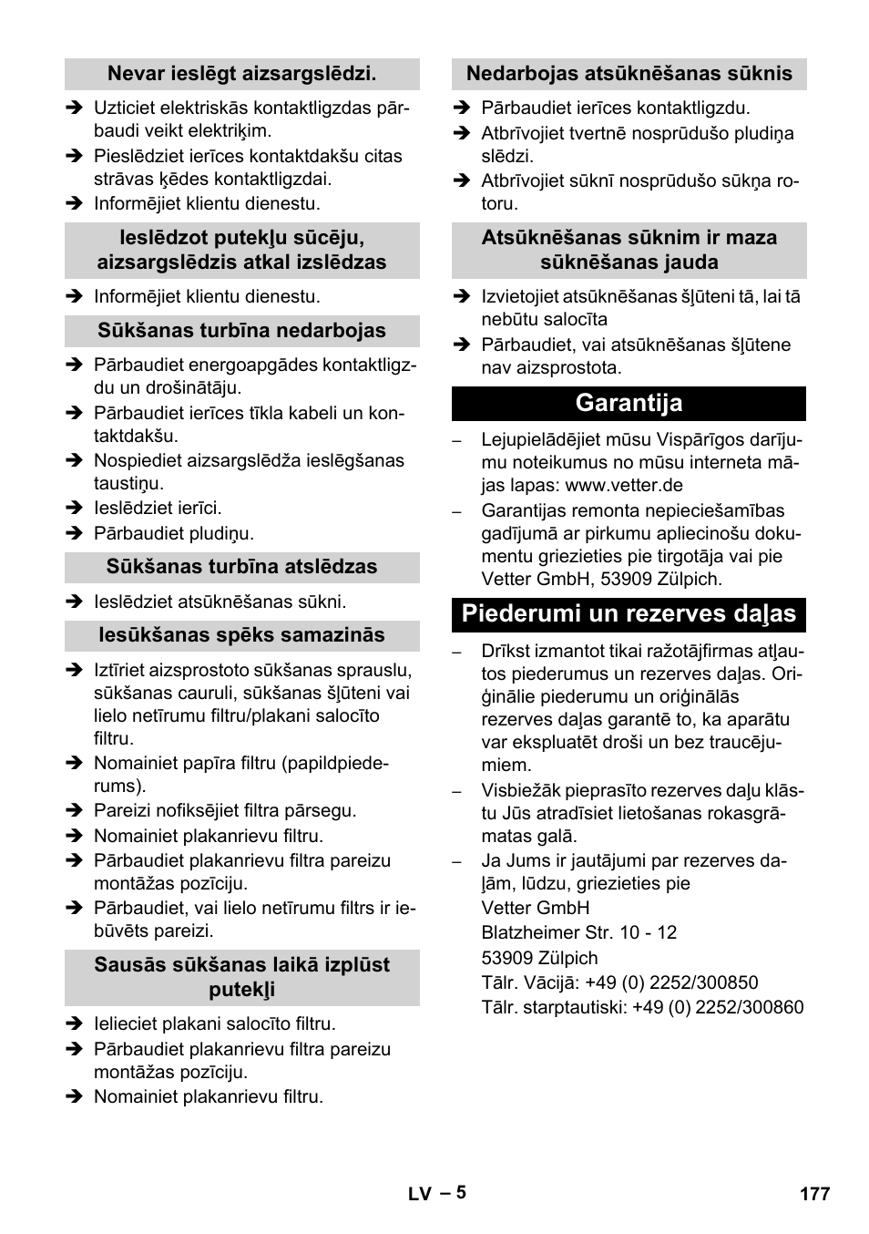 Garantija piederumi un rezerves daļas | Vetter Mini Permanent Aspirator MPA 2.0 MWF(EU) User Manual | Page 177 / 200