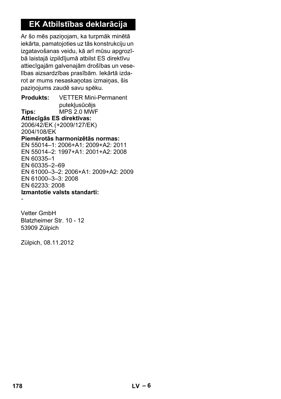 Ek atbilstības deklarācija | Vetter Mini Permanent Aspirator MPA 2.0 MWF(EU) User Manual | Page 178 / 200