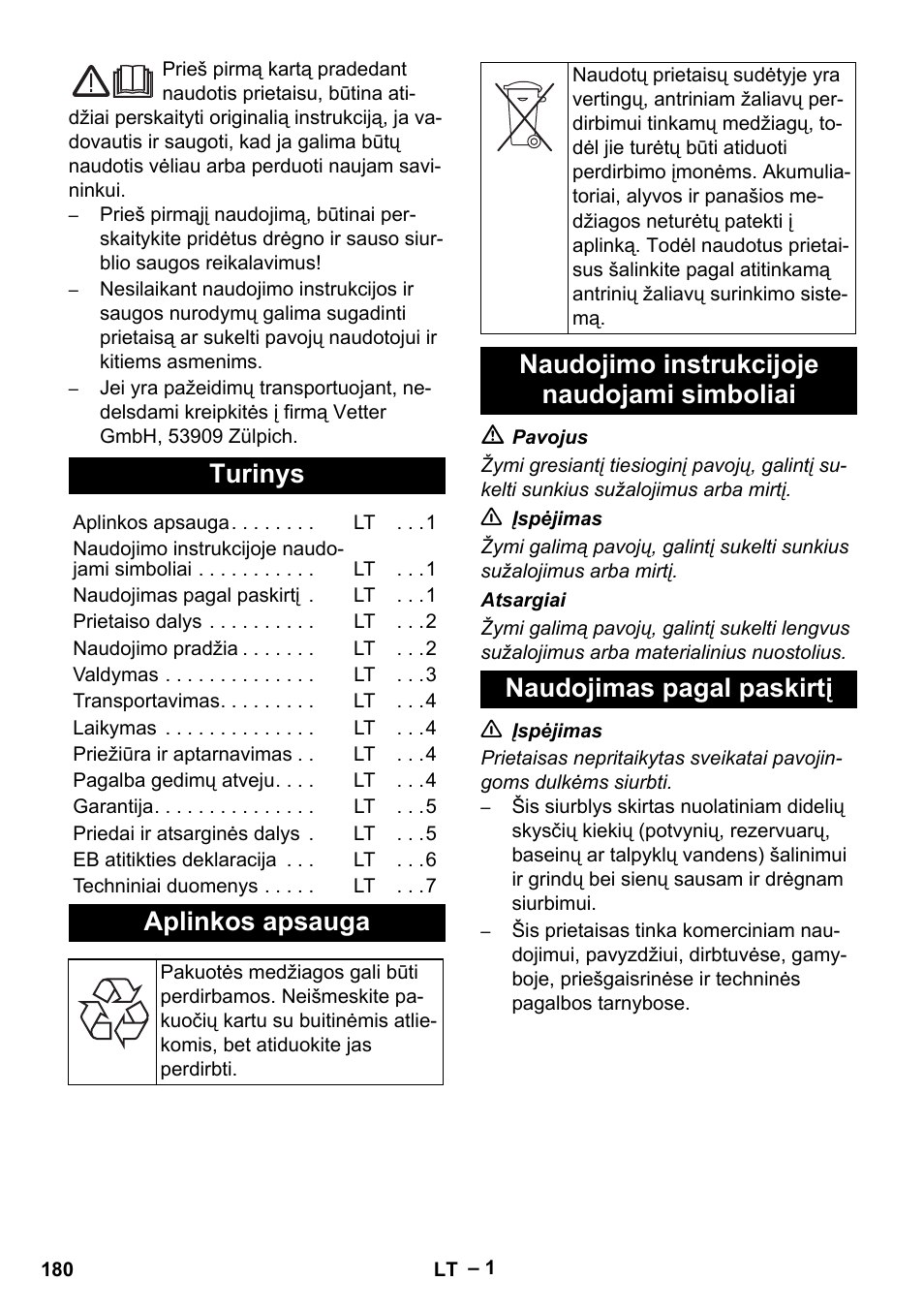 Lietuviškai, Turinys, Aplinkos apsauga | Vetter Mini Permanent Aspirator MPA 2.0 MWF(EU) User Manual | Page 180 / 200