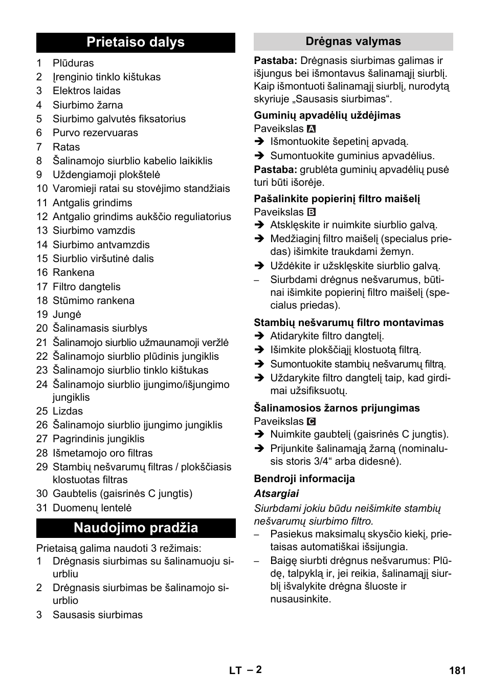 Prietaiso dalys naudojimo pradžia | Vetter Mini Permanent Aspirator MPA 2.0 MWF(EU) User Manual | Page 181 / 200