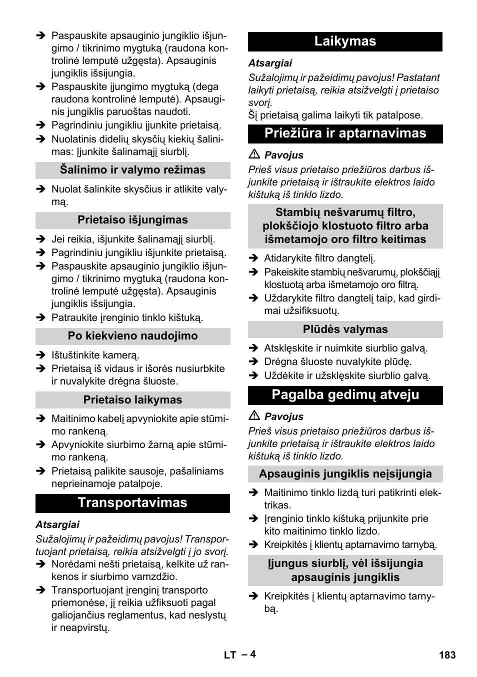 Transportavimas laikymas priežiūra ir aptarnavimas, Pagalba gedimų atveju | Vetter Mini Permanent Aspirator MPA 2.0 MWF(EU) User Manual | Page 183 / 200