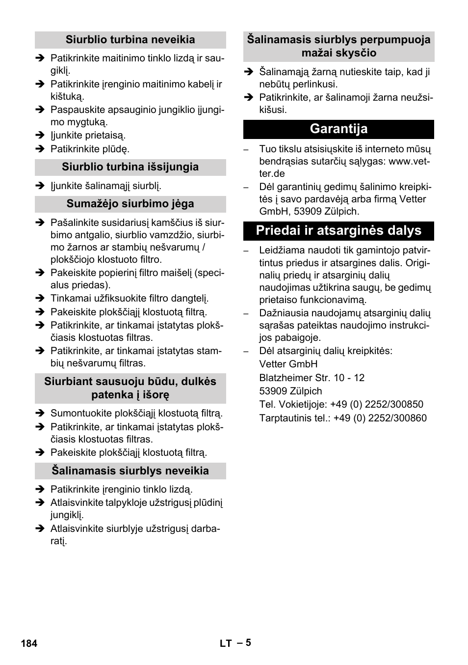 Garantija priedai ir atsarginės dalys | Vetter Mini Permanent Aspirator MPA 2.0 MWF(EU) User Manual | Page 184 / 200