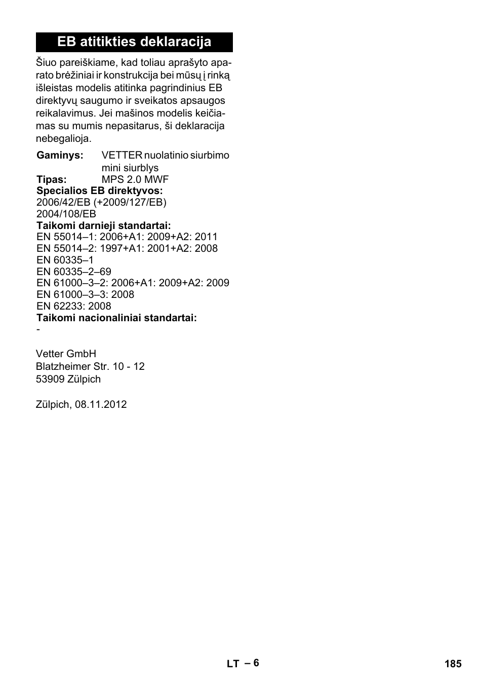 Eb atitikties deklaracija | Vetter Mini Permanent Aspirator MPA 2.0 MWF(EU) User Manual | Page 185 / 200