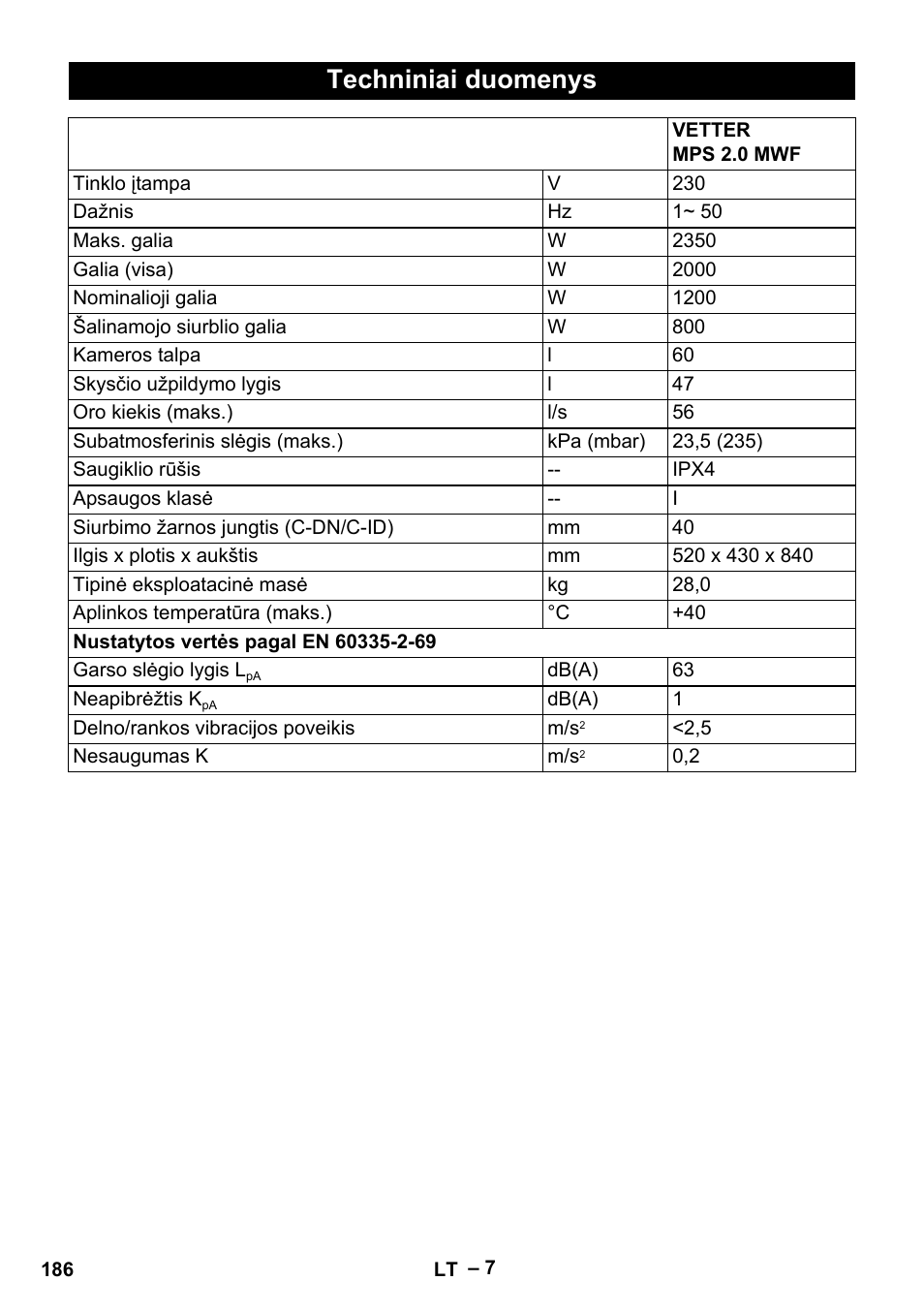 Techniniai duomenys | Vetter Mini Permanent Aspirator MPA 2.0 MWF(EU) User Manual | Page 186 / 200