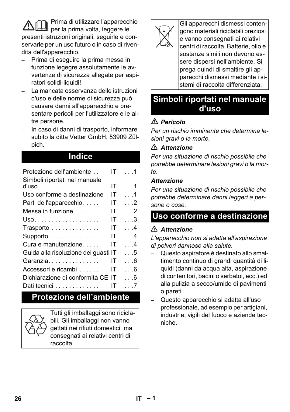 Italiano, Français, Indice | Protezione dell’ambiente | Vetter Mini Permanent Aspirator MPA 2.0 MWF(EU) User Manual | Page 26 / 200