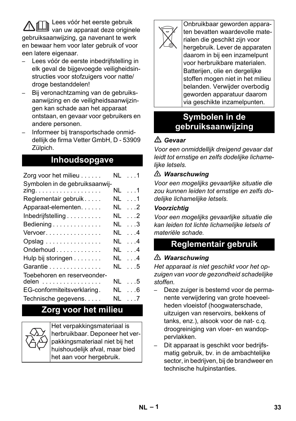 Nederlands, Italiano, Inhoudsopgave | Zorg voor het milieu | Vetter Mini Permanent Aspirator MPA 2.0 MWF(EU) User Manual | Page 33 / 200