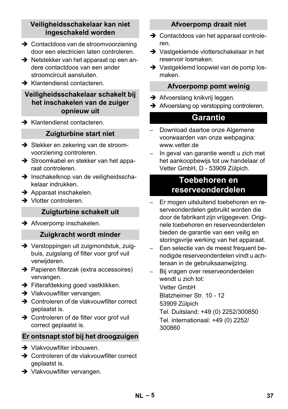 Garantie toebehoren en reserveonderdelen | Vetter Mini Permanent Aspirator MPA 2.0 MWF(EU) User Manual | Page 37 / 200