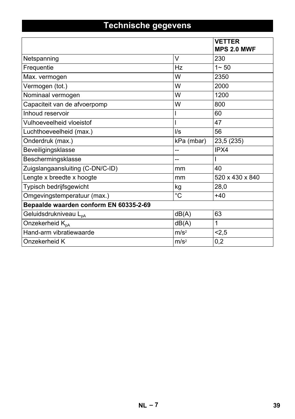 Technische gegevens | Vetter Mini Permanent Aspirator MPA 2.0 MWF(EU) User Manual | Page 39 / 200