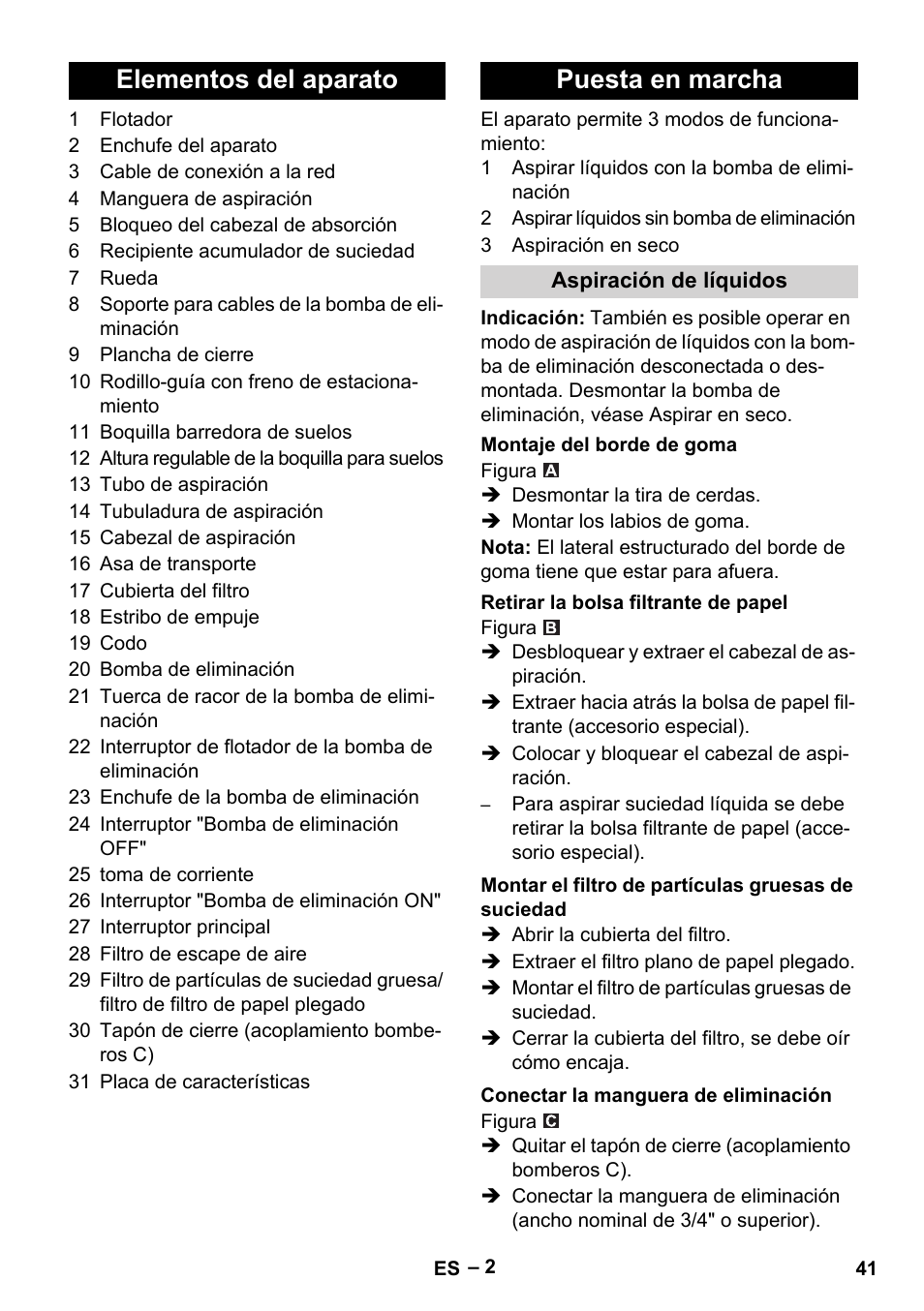 Elementos del aparato puesta en marcha | Vetter Mini Permanent Aspirator MPA 2.0 MWF(EU) User Manual | Page 41 / 200