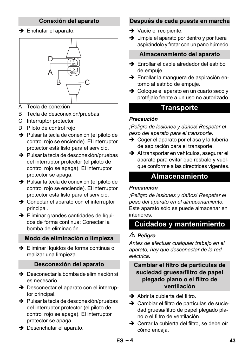 Ad b c, Transporte almacenamiento cuidados y mantenimiento | Vetter Mini Permanent Aspirator MPA 2.0 MWF(EU) User Manual | Page 43 / 200