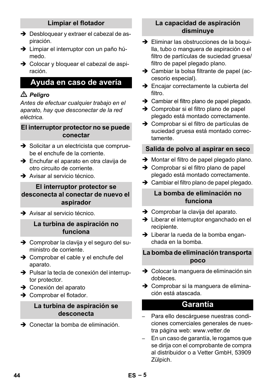 Ayuda en caso de avería, Garantía | Vetter Mini Permanent Aspirator MPA 2.0 MWF(EU) User Manual | Page 44 / 200